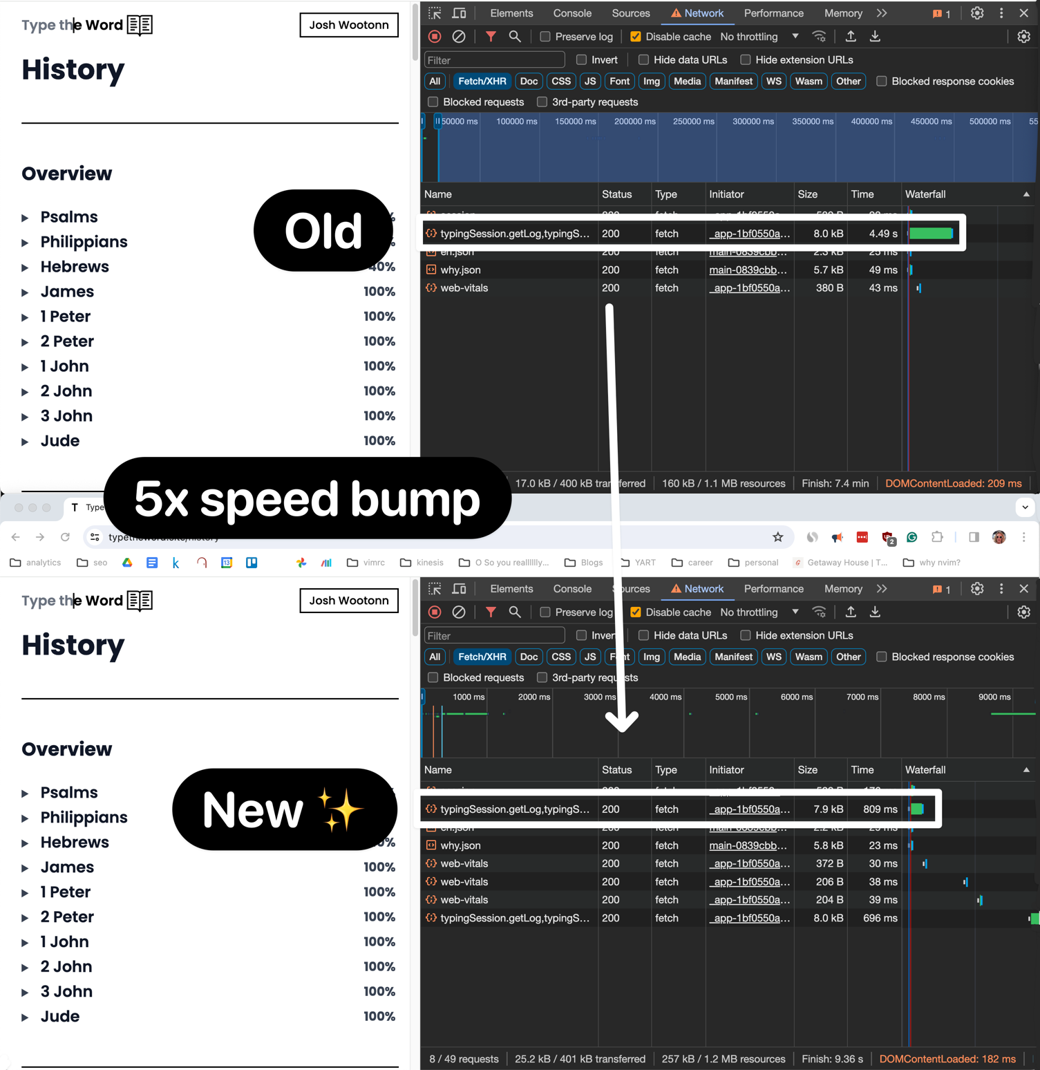 Two devtools of the before and after of adding indexes to the history page