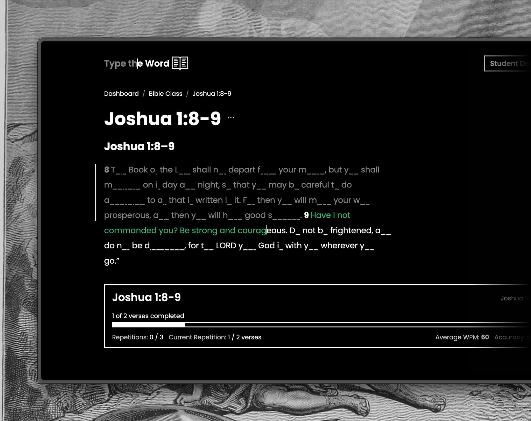 Type the Word memorization modes for student Bible typing practice.